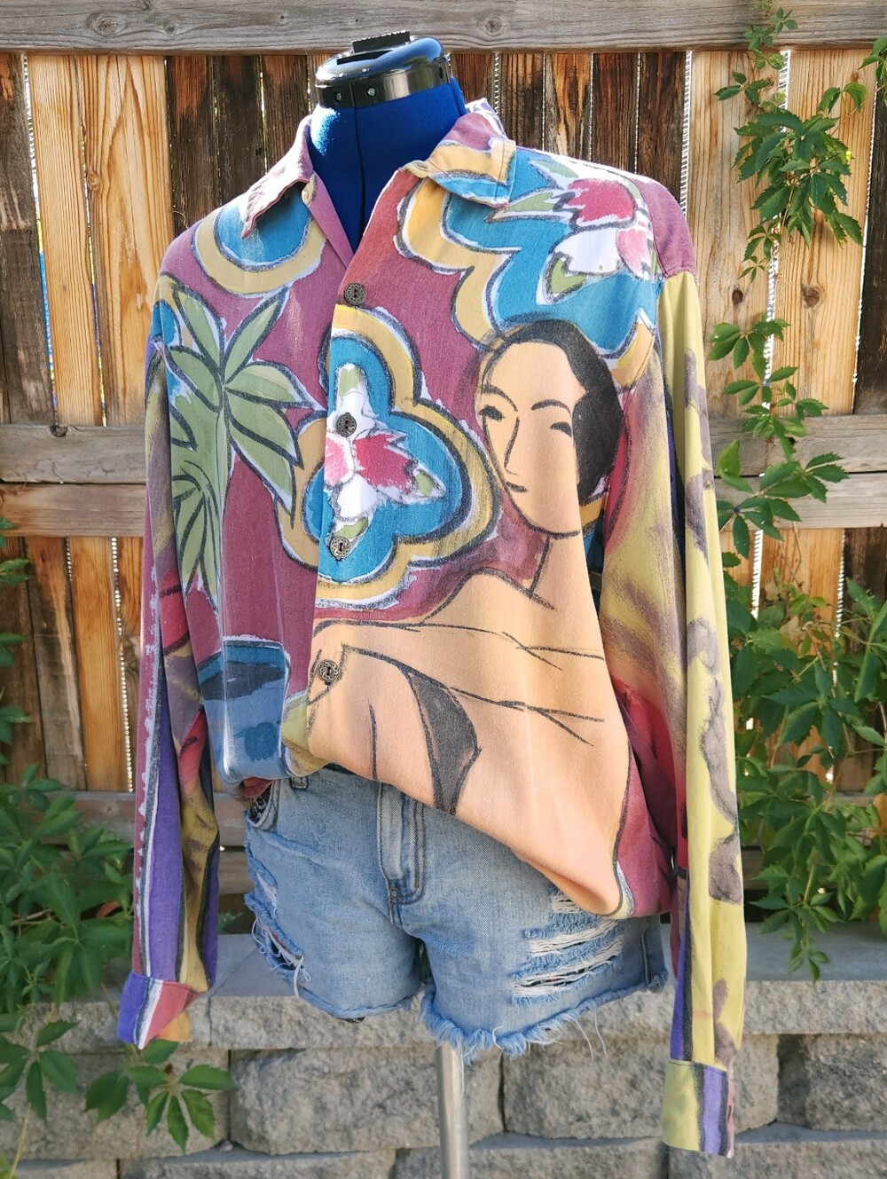 Terry Anderson Handmade Originals Wearable Art Abstract Rayon Button Down Shirt